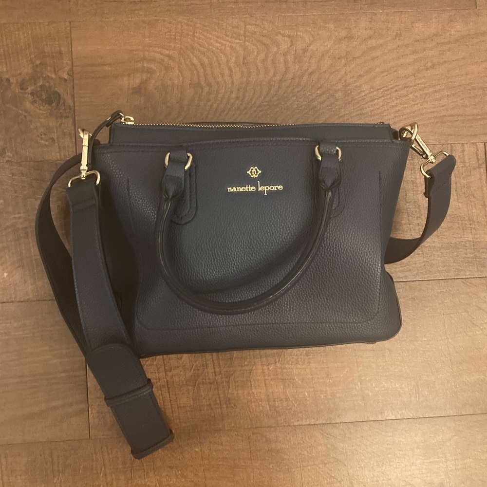 Nanette Lepore Midnight Navy Satchel with Gold Hardware Crossbody Strap EUC